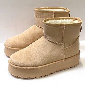 New Womens Beige Faux Fur Moccasin Platform Furry Ankle Boots Booties